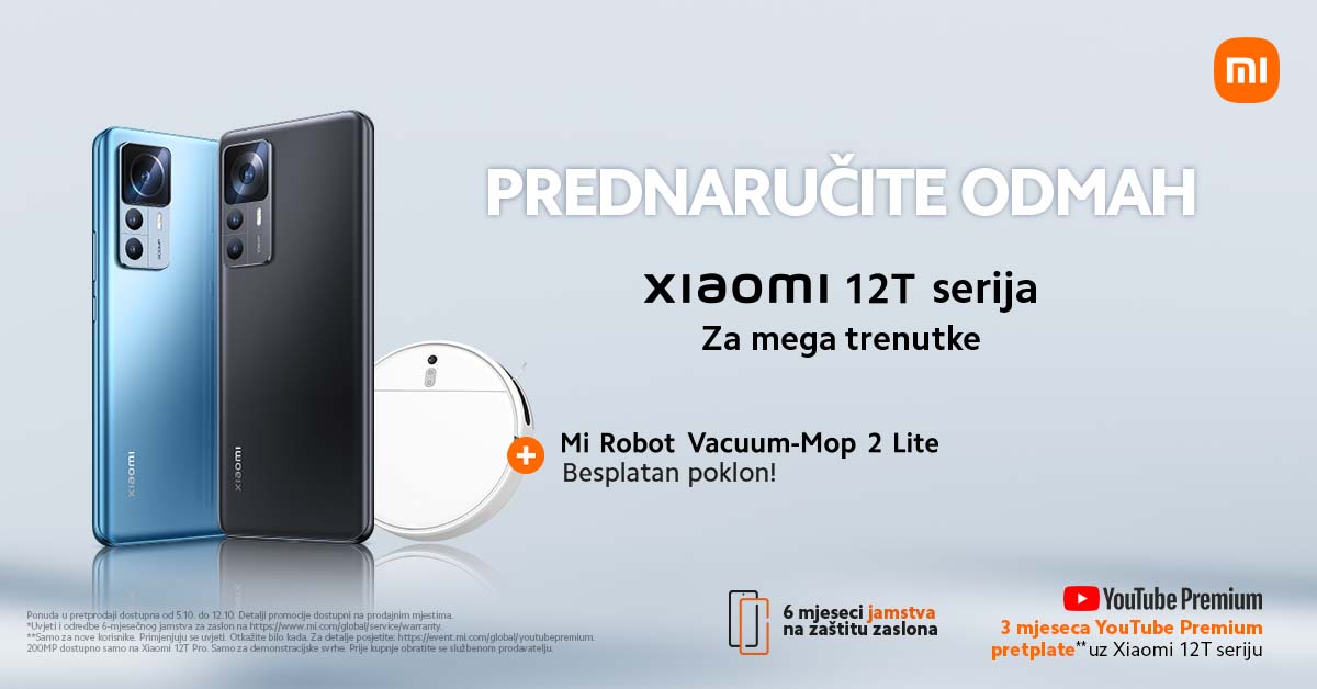 Počela je fantastična preorder ponuda – uz kupnju bilo kojeg uređaja iz Xiaomi 12T serije na poklon dobivate Mi Robot Vacuum-Mop 2 Lite